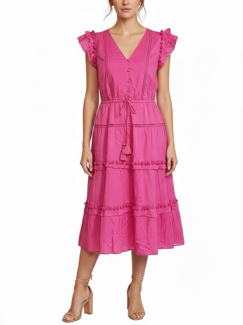 J Crew Point Sur Pom Pom dress short flutter Sleeve Midi pink Cotton 12 tiers